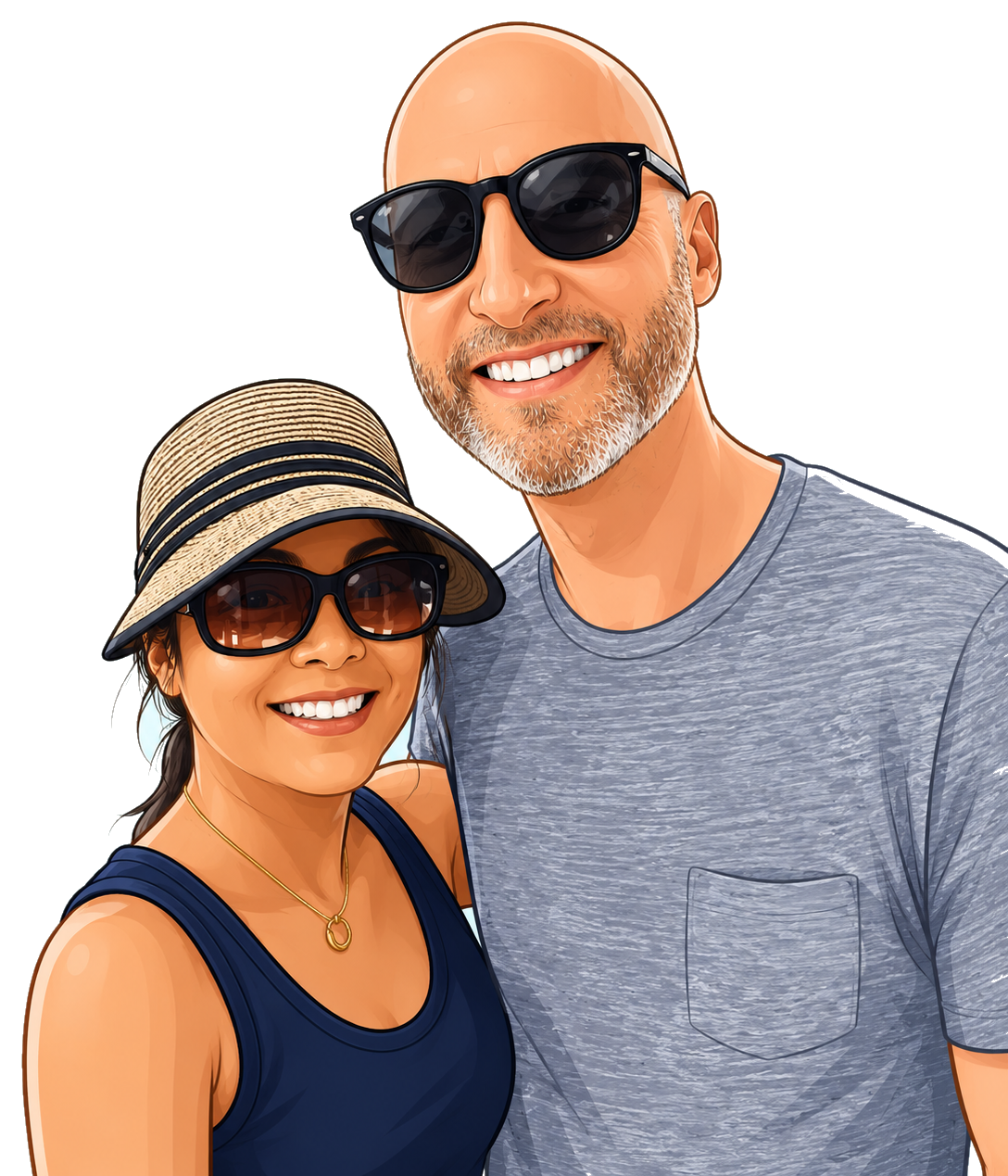 Caricature-style illustration of Justelle standing together and smiling.